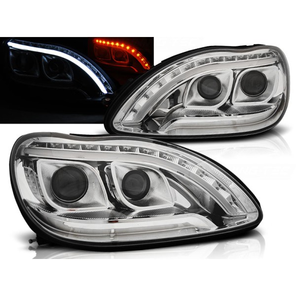 MERCEDES W220 02-05 - predné chrom svetlá TUBE LIGHT a LED smerovky