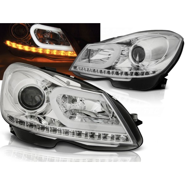 MERCEDES W204 11-14 - predné chrom svetlá TUBE LIGHT s LED smerovky