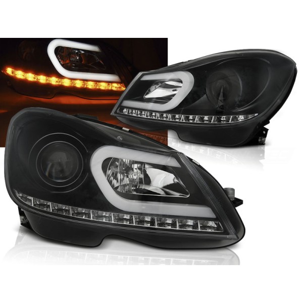 MERCEDES W204 11-14 - predné čierna svetlá TUBE LIGHT s LED smerovky