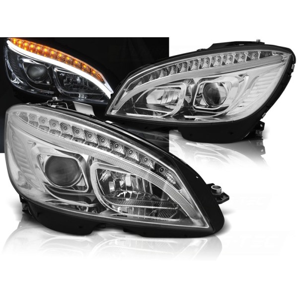 MERCEDES W204 07-10 - predné chrom svetlá TUBE LIGHT s LED dynamickým blikačom