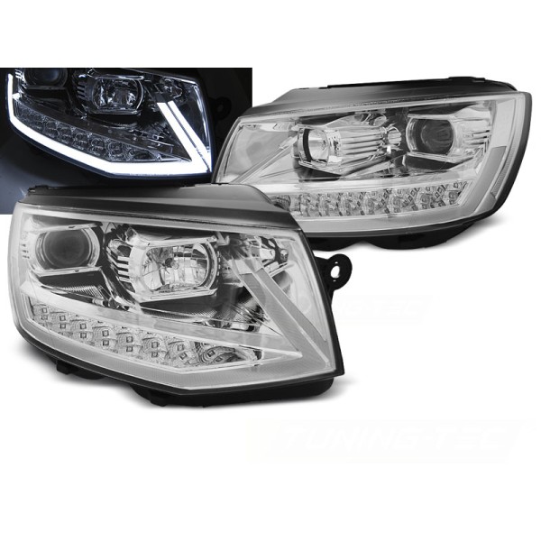 VW T6 15- - predné chrom svetlá TUBE LIGHT s LED denným svietením a dynamickým blinkerom